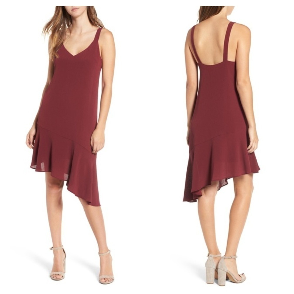 NEW Lush M Asymmetrical Ruffle Hem Sheath Dress Sleeveless in Burgundy Red